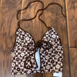 Y2K brown floral open front halter tank top